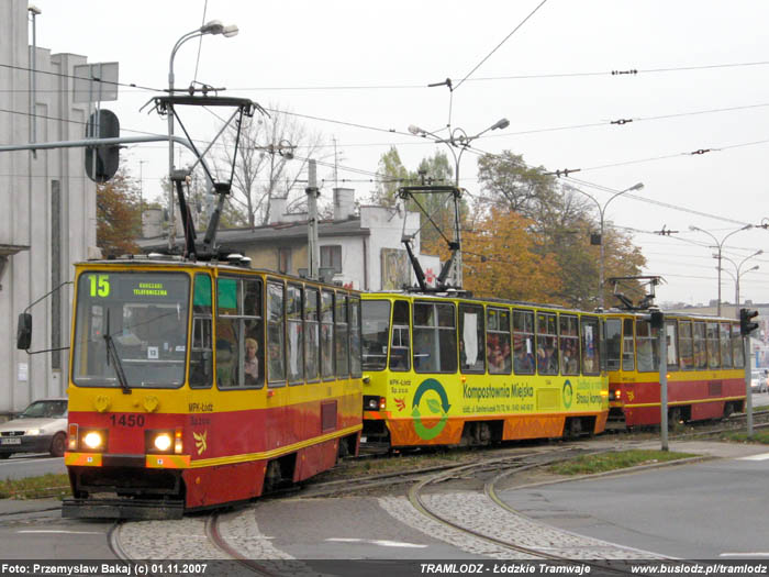 Sk�ad 3 x Konstal 805Na #1450+1244+1245 [15], w dniu 1.11.2007r., ul. Rzgowska/ Paderewskiego. Foto: Przemys�aw Bakaj (c)