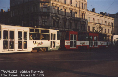 Sk�ad 2 x Konstal 805Na #1828+1829 [?], w dniu 2.076.1993r. ul. Zielona/ Ko�ciuszki. Foto: Tomasz G�az(c)